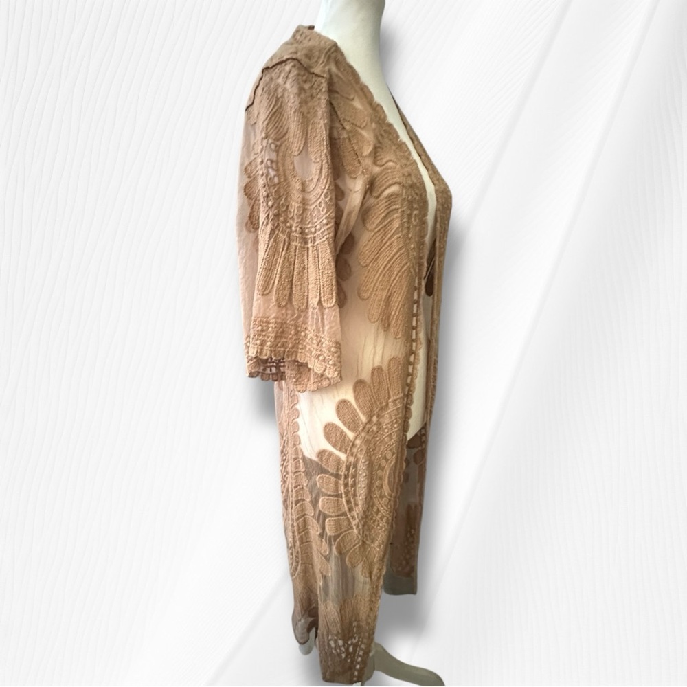 Rebellion Women's Tan Lace Floral Long Open Kimono Duster Size Medium - Picture 3 of 11